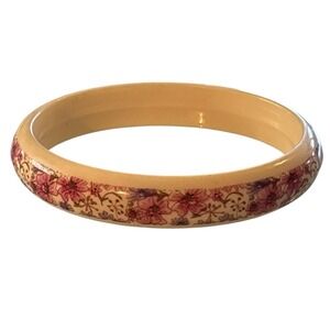 VTG Cream Floral Bangle Bracelet Hard Plastic Printed Pink‎ Flowers Retro MCM